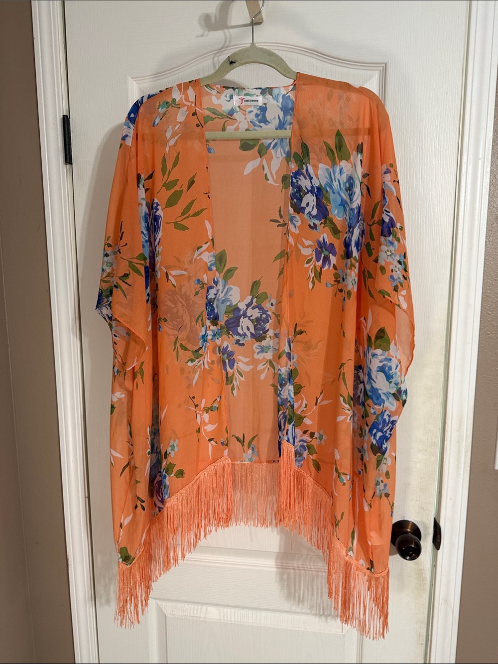 Floral Fringe Sheer Kimono Jacket - Orange/Blue